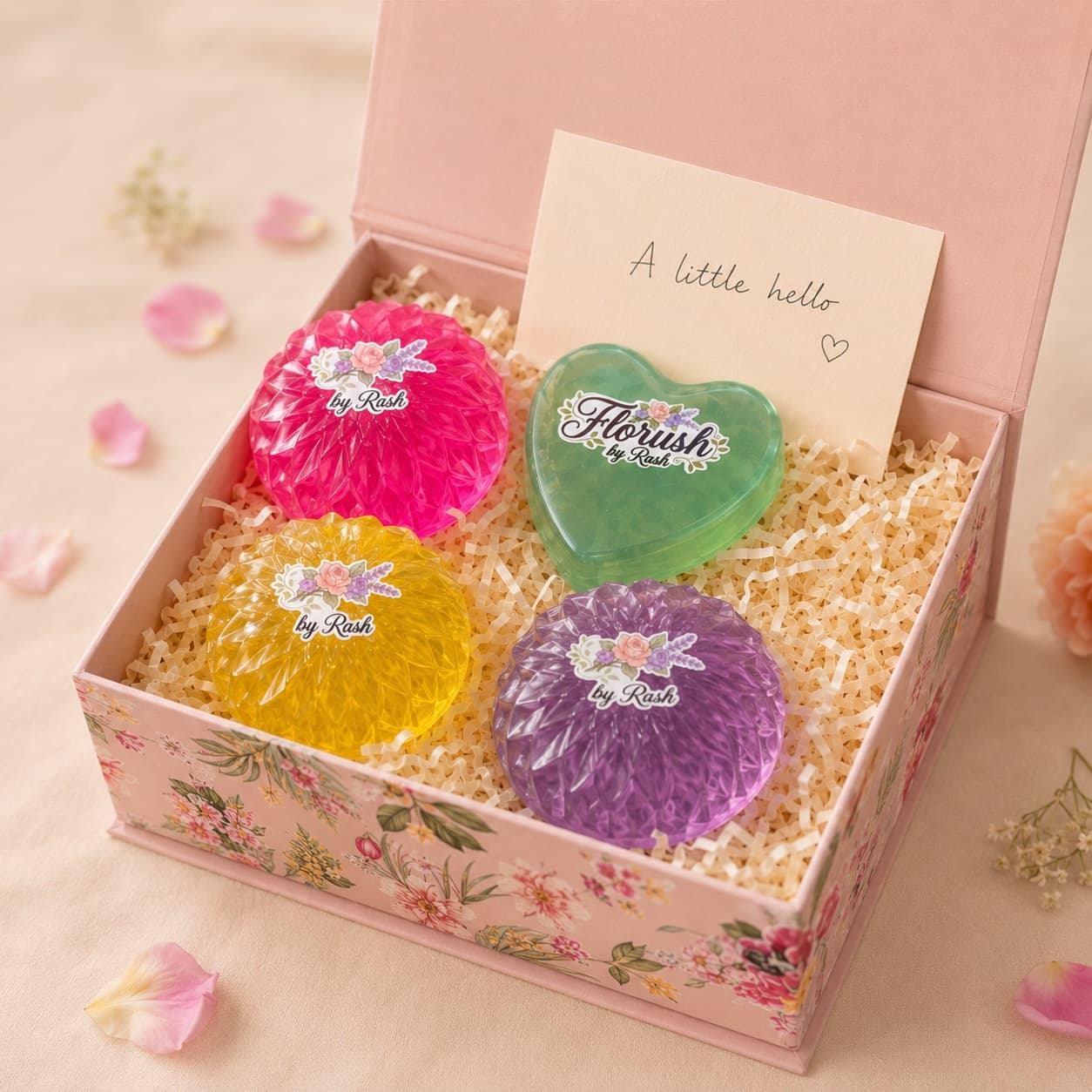 Bloom Box, open — handmade soaps nestled in the keepsake box