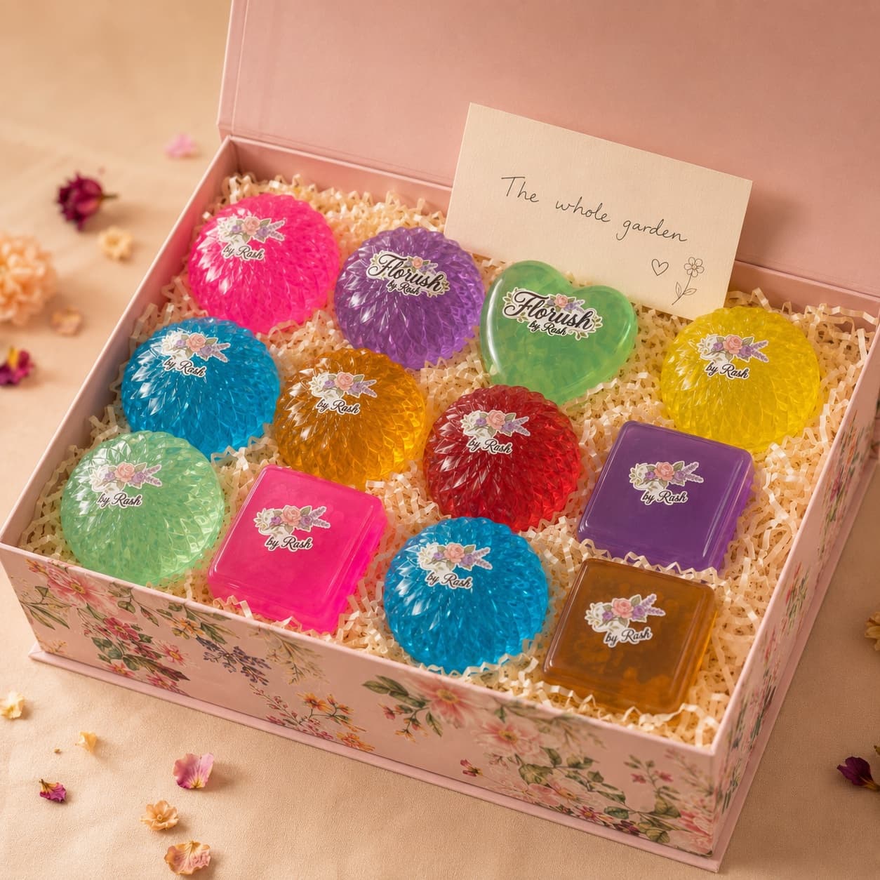 The Full Bouquet, open — handmade soaps nestled in the keepsake box