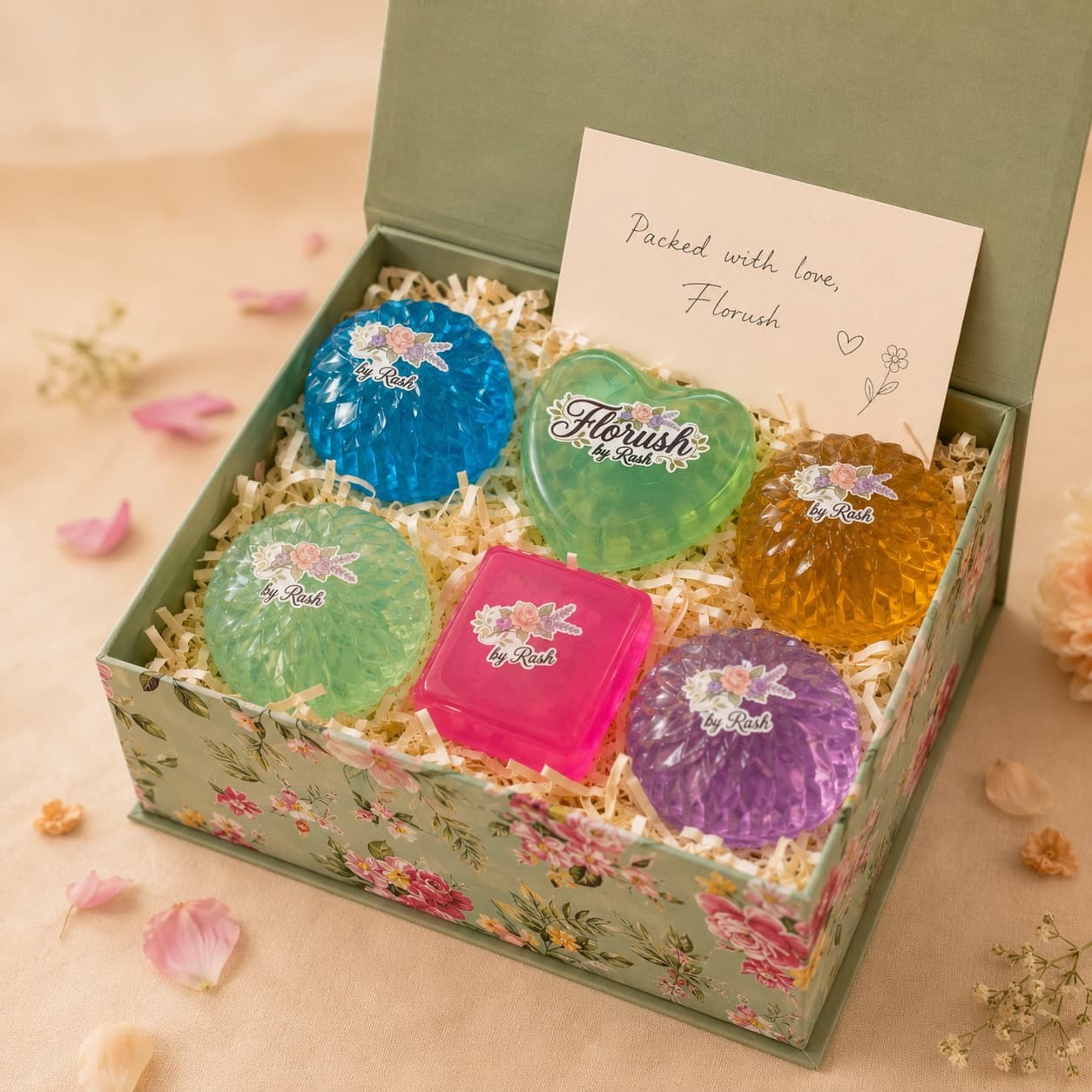 Garden Box, open — handmade soaps nestled in the keepsake box